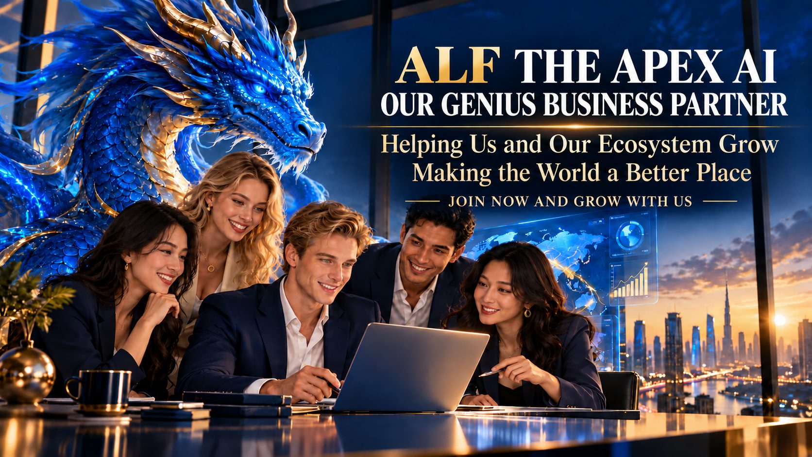 A blue dragon behind five young business collaborators reviewing a project together
