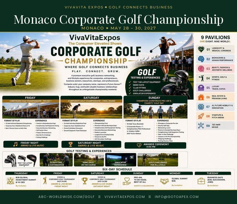 Monaco Corporate Golf Championship overview sheet: Friday, Saturday and Sunday programme, golf testing and experiences, the six-day schedule and the nine pavilions