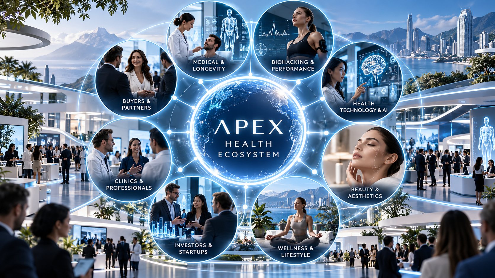 Apex Health Ecosystem: medical and longevity, biohacking and performance, health technology and AI, beauty and aesthetics, wellness and lifestyle, investors and startups, clinics and professionals, buyers and partners — connected around a global network